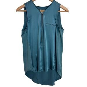 GoSilk Silk Sleeveless Top Zip Front Pullover Stretch Hi-Low Hem Teal Blue Small